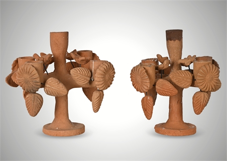 Mexican Folk Art Tree of Life Pair — Clay Candelabra, Animal Base, 7.75"