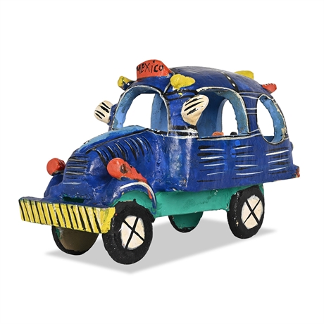 Candelario Medrano Mexican Folk Art Polychrome Clay Bus Sculpture, Signed NL321
