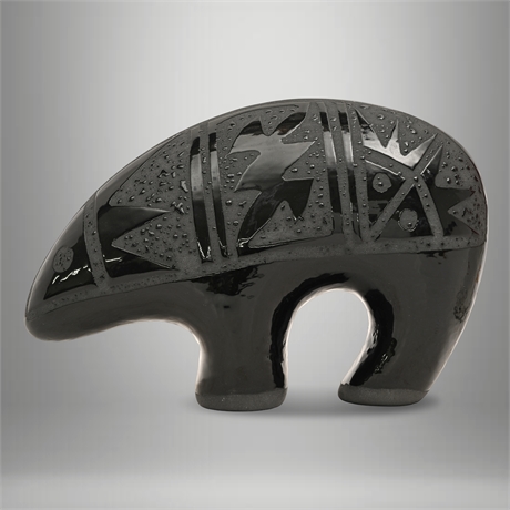 Navajo Pottery Bear Signed RM Black Geometric Design
