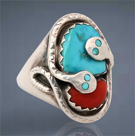 Effie Calavaza Turquoise & Coral Ring Size 10