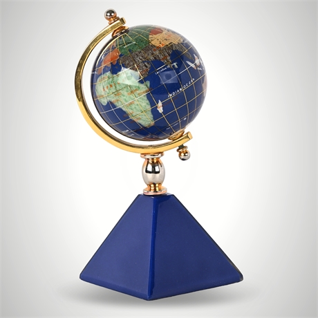 Gemstone Inlay Globe on Blue Pyramid Base, Brass-Tone Mount