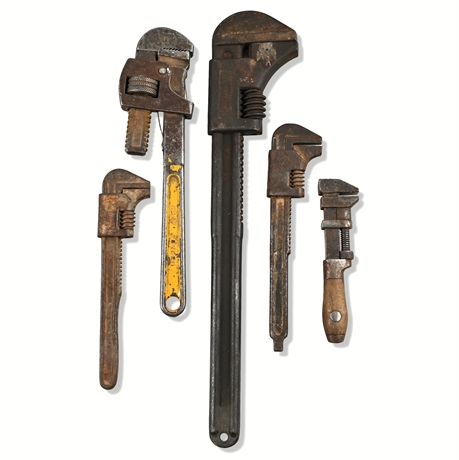 Lot of 5 Vintage Pipe Wrenches — Diamond, Trimo, Coes, 6½–18"