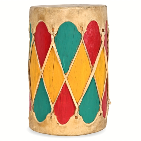 Vintage Taos Pueblo Drum, Painted Wood & Hide, 12" x 8"