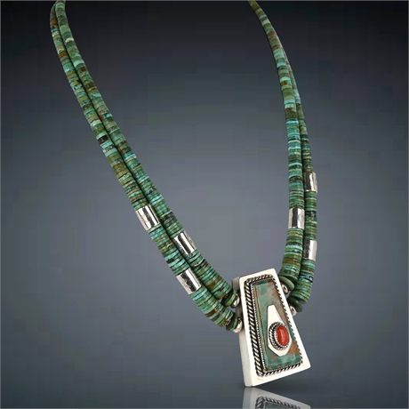 Daniel Coriz Double-Strand Kingman Turquoise & Coral Necklace