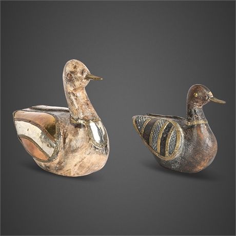 Carved Wood Duck Figurines, Pair — Indian Folk Art, Brass & Copper​​​​​​​