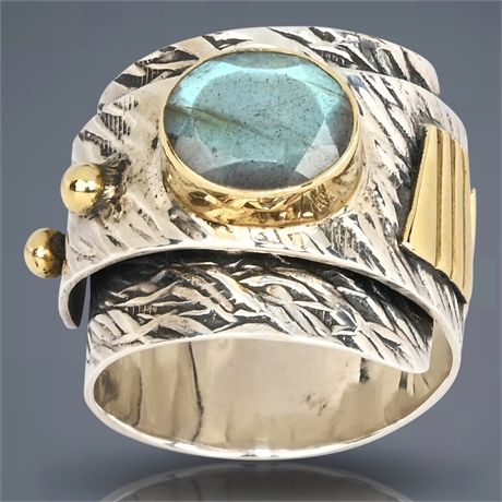 Artisan Sterling Silver, 14K Gold & Labradorite Adjustable Ring, Size 8