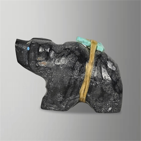 Zuni Carved Black Stone Bear Fetish with Turquoise Offering Bundle