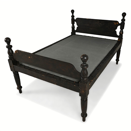 Antique Black-Painted Cannonball Rope Bed — Country Empire, Full Size​​​​​​​