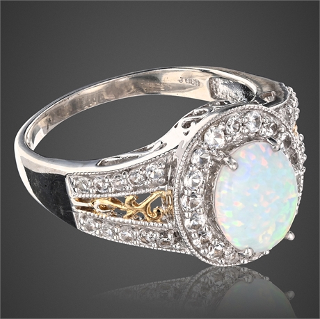 Opal & Diamond Halo Ring – Sterling Silver & Gold Scrollwork, Size 10