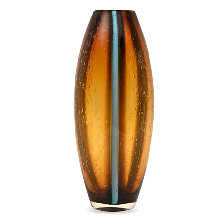 Hand-Blown Studio Art Glass Vase — Amber Bullicante Body with Aqua Cane Stripe