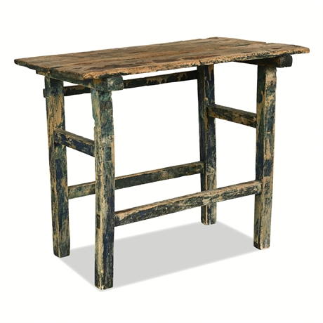 Primitive Mexican Work Table, Blue-Green Paint, Trestle Base, c.1900