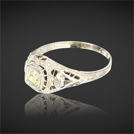 18K White Gold Art Deco Filigree Ring with 1/4 ct Diamond, Size 6
