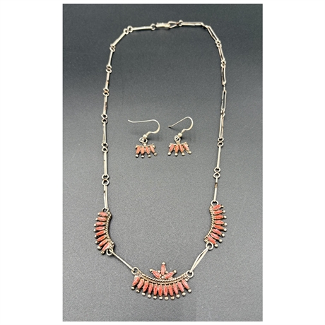 Vintage Zuni Sterling Silver and Coral Petit Point Set