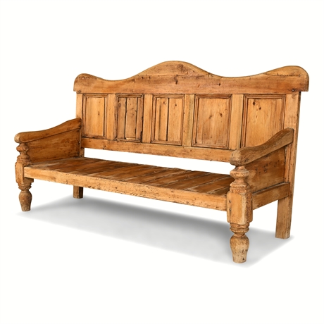 Mexican Colonial Pine Settee — Serpentine Crest, Raised Panels