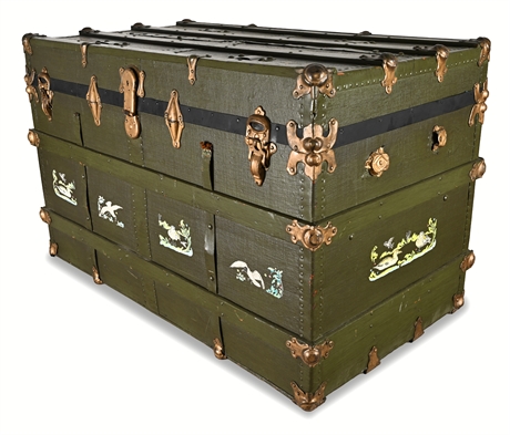 H.E. & L Works Steamer Trunk—Hand-Painted Birds, Brass Hardware, c.1900