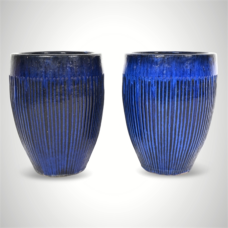 Pair Blue Glazed Ceramic Egg Pot Planters - 18" x 14"