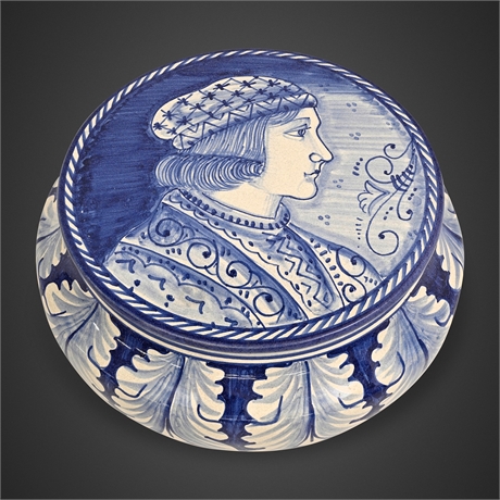 Labor Deruta Maiolica Footed Box, Bella Donna Portrait Lid, Blue & White