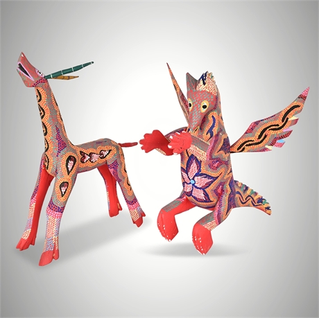 Pepe Santiago Oaxacan Alebrije Pair — Dragon & Giraffe, Signed Copal Wood