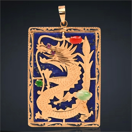 14K Gold Dragon Pendant with Lapis Lazuli and Gemstone Accents