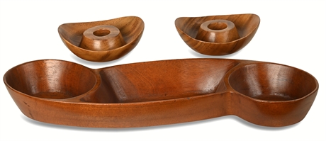 Wooden Candleholders and Carved Wooden Tray