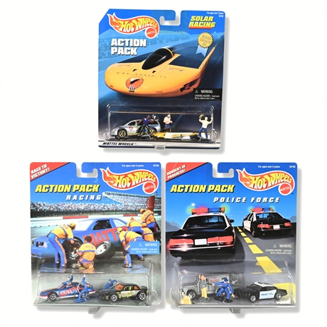 Hot Wheels Action Pack Lot (3) — Police, Racing & Solar, 1996–1999 Sealed