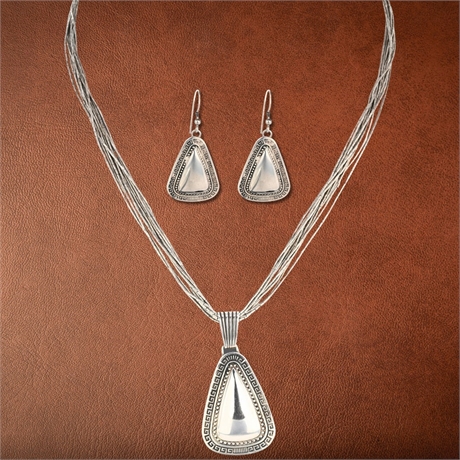 Vintage Sterling Silver Necklace & Earring Set — 10-Strand Liquid Silver
