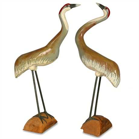 Pair Hand Carved & Painted Whooping Cranes