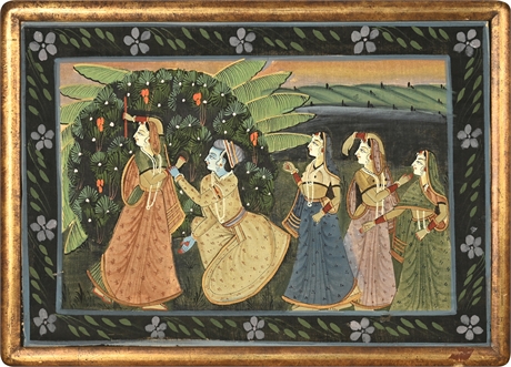 Peshwai Silk Painting — Traditional Folk Scene, 16.5" x 23"