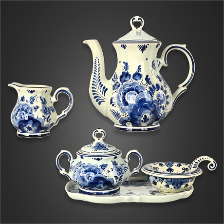 Delfts Holland Hand-Painted Blue & White Tea Set – 5 Pieces, Signed