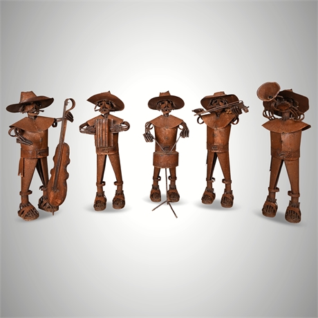 Hand-Forged Iron Mariachi Band Sculptures, 5-Piece Folk Art Set