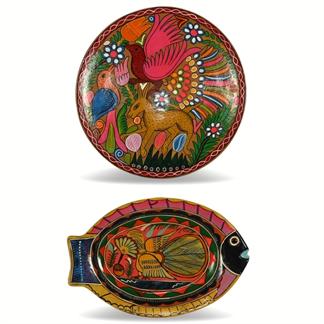 Mexican Folk Art Platter and Terracotta Fish Decor Platter