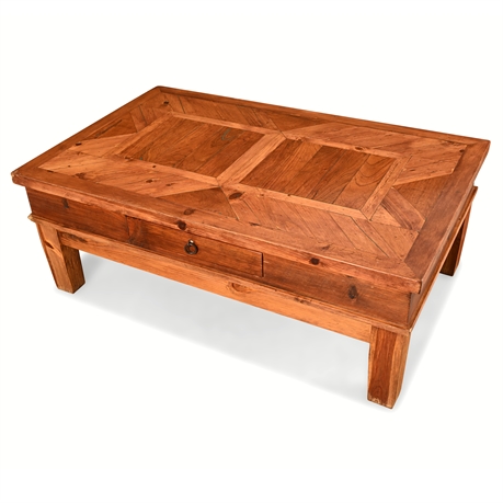Chunky Handcrafted Coffee Table w/ Turquoise Inlay & Ball-Bearing Drawer – Cabin