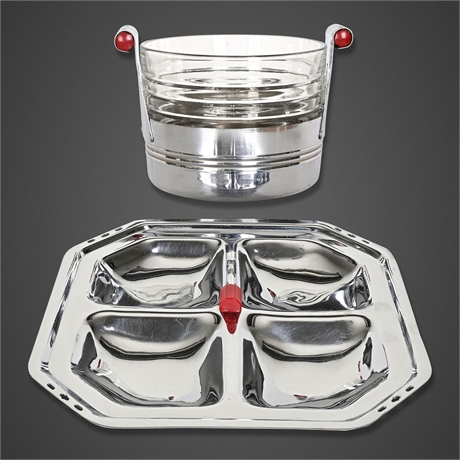 Chase Art Deco Chrome &amp; Red Bakelite Ice Bucket and Hors d'Oeuvres Tray