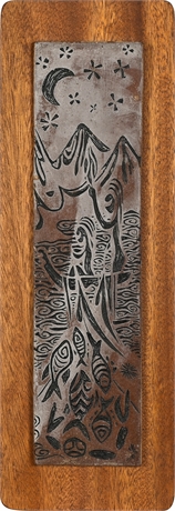 Hawaiian Ceramic Panel Depicting Fishing Scene, Mounted on Teak Wood