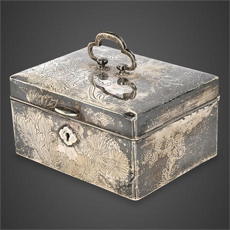 Japanese Meiji Sterling Silver Jewelry Box — Engraved Chrysanthemum