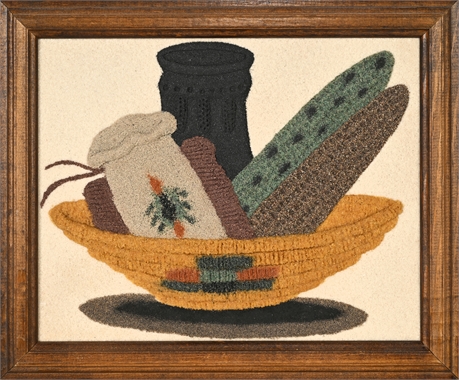 Ethel Toledo Navajo Sandpainting — Corn in Basket with Pot & Medicine Bag, 9.25"