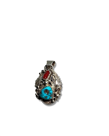 Navajo Sterling Silver Turquoise and Coral Pendant