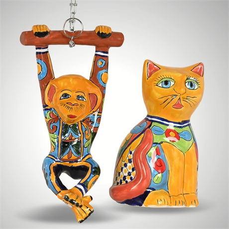 Hand-Painted Talavera Ceramic Cat and Monkey Figurines