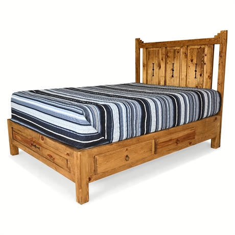 Rustic Mexican Solid Pine Queen Bed w/ (4) Drawers & Iron Accents