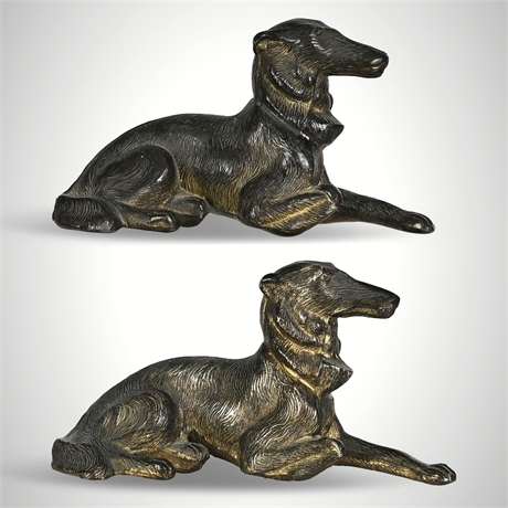 Pair Borzoi Recumbent Dog Figurines, Cold-Painted Bronze, Japan c.1950s