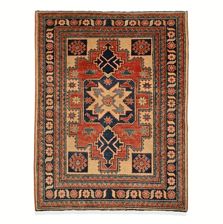 Hand-Knotted Wool Afghan Kazak Rug, Stepped Cruciform Medallion, 3'6" × 5'2"