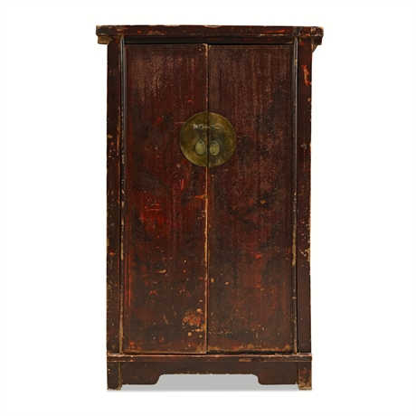 19th C. Chinese Qing Elm Two-Door Cabinet, Original Red & Black Lacquer