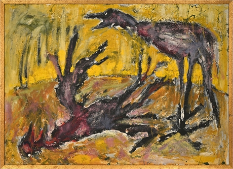 Mid-Century Expressionist Oil on Canvas — Equine Scene — Unsigned