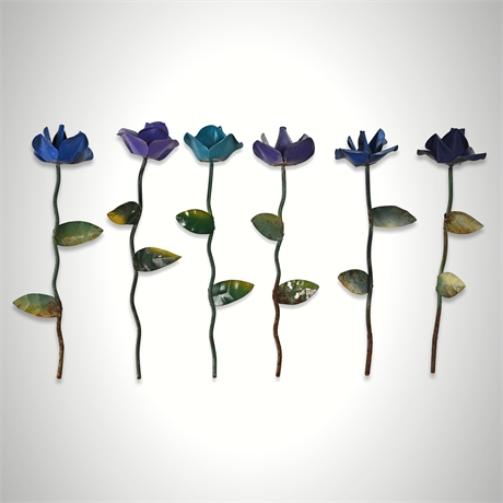 Set of 6 Blue & Purple Metal Garden Flowers – Vintage Hand-Painted Iron Art, 16"