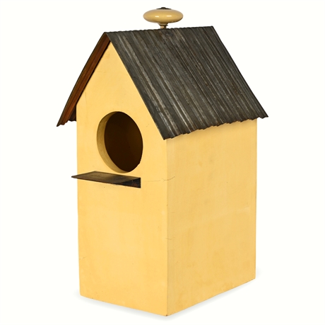 Arhaus Folk Art Birdhouse – Yellow House with Tin Roof & Soup Can Door