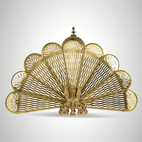 Vintage Brass Peacock Fan Fireplace Screen Folding Ornate