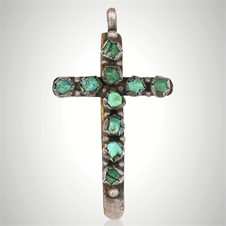 Antique Navajo Sterling Silver Turquoise Cross Pendant — 10-Stone, 1920s–30s​​​​