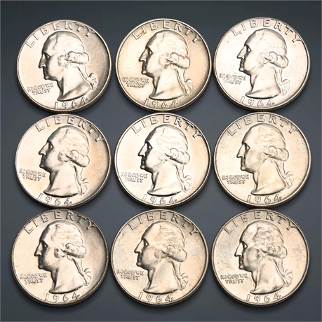 1964 (9) Washington Silver Uncirculated Quarters