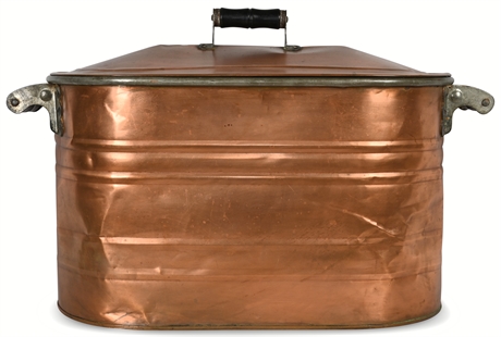 Farmhouse Antique Copper Wash Boiler, Fireplace Hearth Kindling Tub with Lid