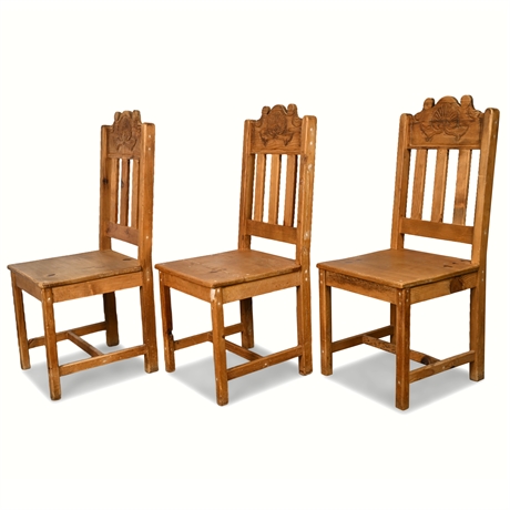 (3) Rustic Carved Pine Chairs – Vintage Farmhouse Style